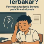 Ilustrasi seorang siswa SMA yang mengalami kelelahan mental (burnout) di tengah tumpukan buku.