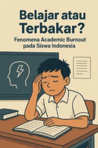 Ilustrasi seorang siswa SMA yang mengalami kelelahan mental (burnout) di tengah tumpukan buku.