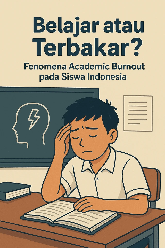Ilustrasi seorang siswa SMA yang mengalami kelelahan mental (burnout) di tengah tumpukan buku.