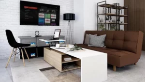 Ruang Bimbingan Konseling SMAN 13 Bandung dengan sofa nyaman, meja rendah, dan televisi sebagai sarana multimedia untuk sesi konseling yang suportif