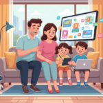 Orang tua mendampingi anak remajanya menggunakan laptop di meja belajar di rumah, menunjukkan komunikasi dan bimbingan di dunia digital