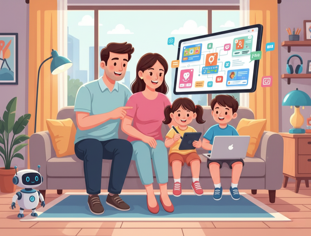 Orang tua mendampingi anak remajanya menggunakan laptop di meja belajar di rumah, menunjukkan komunikasi dan bimbingan di dunia digital