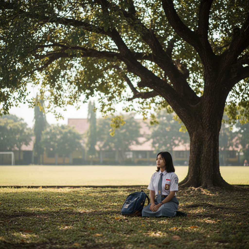 Seorang-siswa-duduk-sendirian-di-tempat-yang-tenang Survival Guide untuk Murid Baru SMAN 13: Bertahan dan Bersinar di Tahun Pertama!