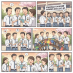 Ilustrasi grafis lingkaran konsentris dengan ikon siswa dan siswi saling terhubung, mewakili komunikasi harmonis dan kolaborasi di lingkungan sekolah.