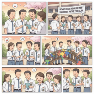 Ilustrasi grafis lingkaran konsentris dengan ikon siswa dan siswi saling terhubung, mewakili komunikasi harmonis dan kolaborasi di lingkungan sekolah.