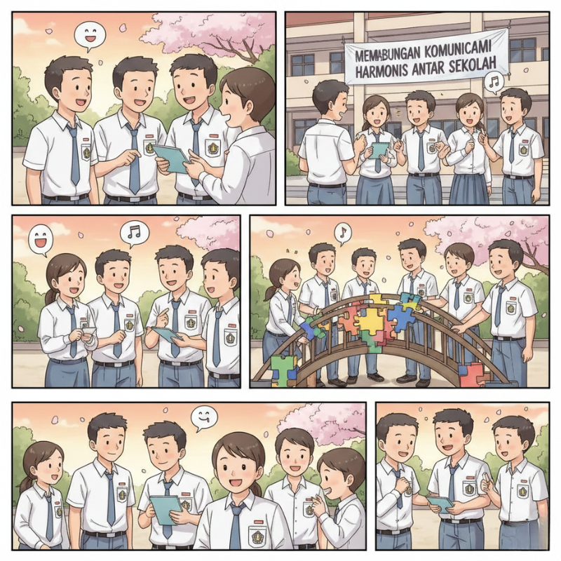 Ilustrasi grafis lingkaran konsentris dengan ikon siswa dan siswi saling terhubung, mewakili komunikasi harmonis dan kolaborasi di lingkungan sekolah.