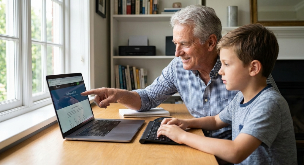 seorang-kakek-sedang-membimbing-cucunya-belajar-menggunakan-Laptop-1024x559 Mendampingi Anak di Era Digital: Menjadi Partner, Bukan Pengawas