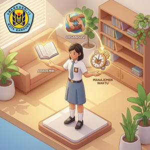 Ilustrasi metafora visual siswa aktivis yang sukses membagi waktu antara akademik, organisasi, dan manajemen waktu.