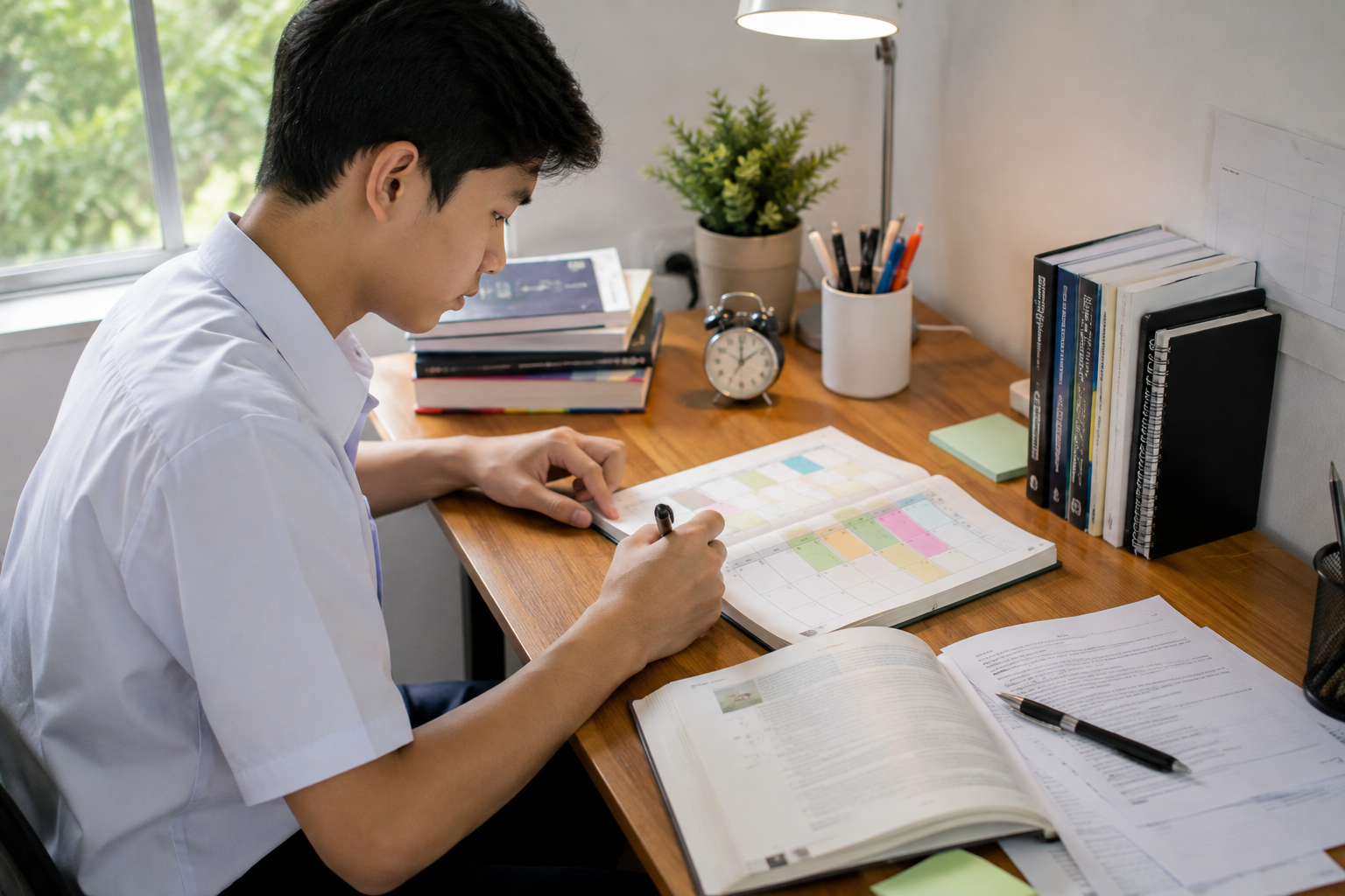 Siswa SMA menyusun jadwal belajar efektif untuk mengatur waktu belajar dan mempersiapkan ujian