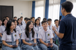 Siswa SMAN 13 Bandung mengikuti sosialisasi persiapan masuk perguruan tinggi dan mengenal jalur seleksi pendidikan tinggi